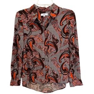 Suncoo Paris button up paisley brown orange pattern blouse shirt size small